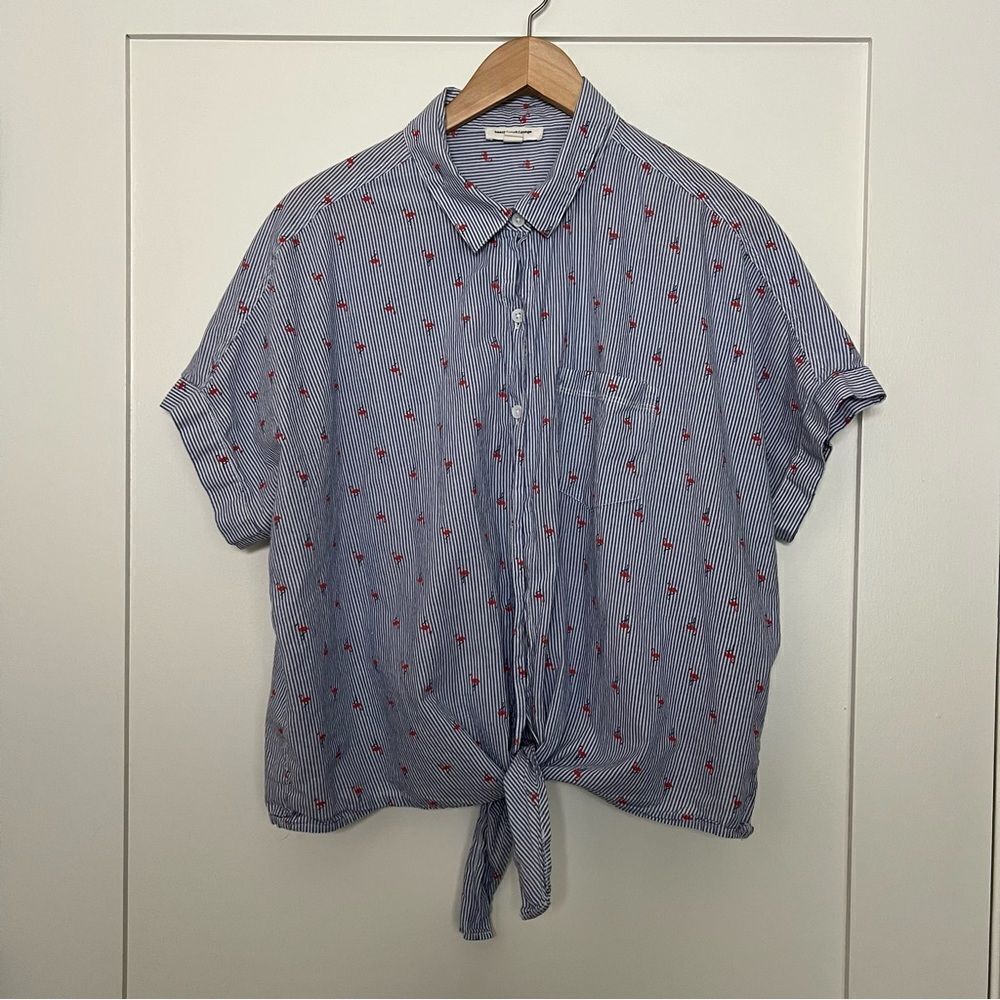 Beach Lunch Lounge Shirt Top Womens Sz XL Blue Striped Flamingo Print Tie Front
